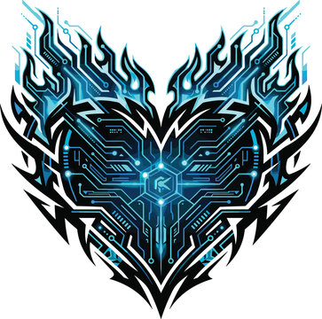 Futuristic cybernetic heart vector illustration with glowing blue electronic circuit board lines sharp tribal tech details and flames