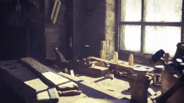 Restoration workspace with marked joins, clamps and measuring tools beside partially planed plank under soft window light quiet focused atmosphere