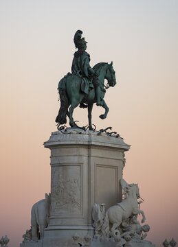 Horseman statue of King Jose I at sunset, Praca do Comercio, Baixa, Lisbon, Portugal
