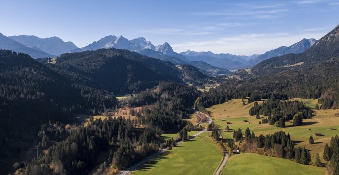 Aerial view, Bavarian foothills of the Alps near Kr&uuml;n, Werdenfelser Land, Wetterstein range, Upper Bavaria, Bavaria, Germany