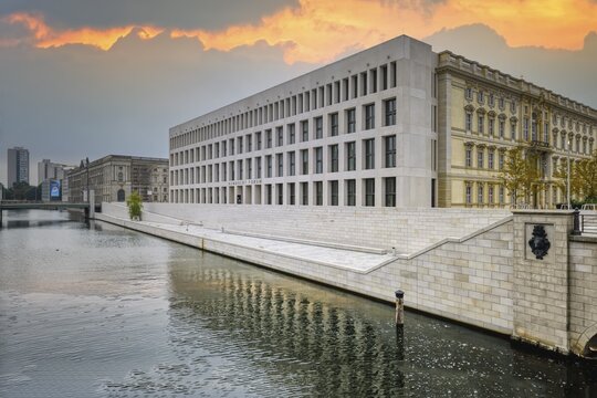River promenade and Spree terraces at the new Berlin Palace or Humboldt Forum, Unter den Linden, Berlin, Germany