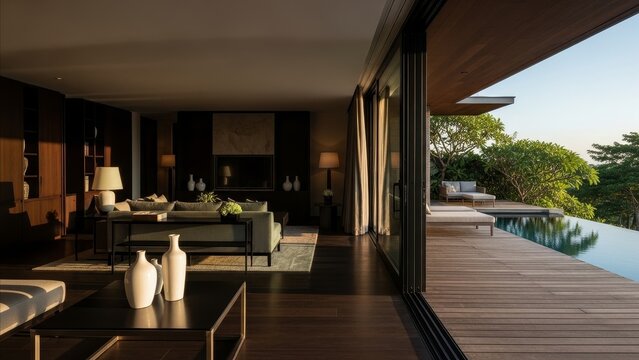 Luxury Villa Living Room Open Plan Interior with Infinity Pool Tropical Deck at Golden Hour Sunset