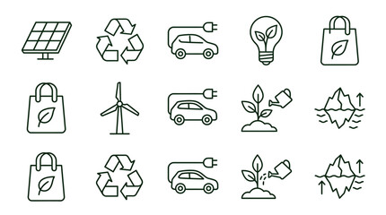 Fototapeta premium Essential vector line icons illustrating sustainable energy, environmental protection, and responsible living practices for a greener future