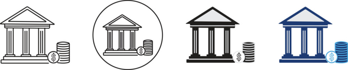 Fototapeta premium Set of bank building icons with stacks of dollar coins for financial business and investment concept designs isolated on transparent background