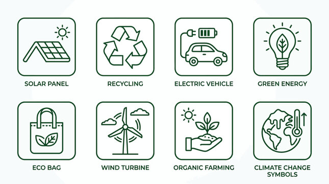 Comprehensive collection of eco-friendly and sustainable energy line icons, illustrating green technology, environmental conservation, and renewable solutions for a better future