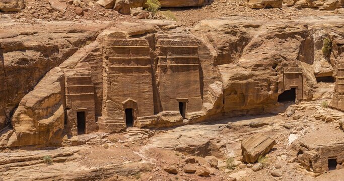 Rock carved houses, Nabataean town Petra, near Wadi Musa, Jordan