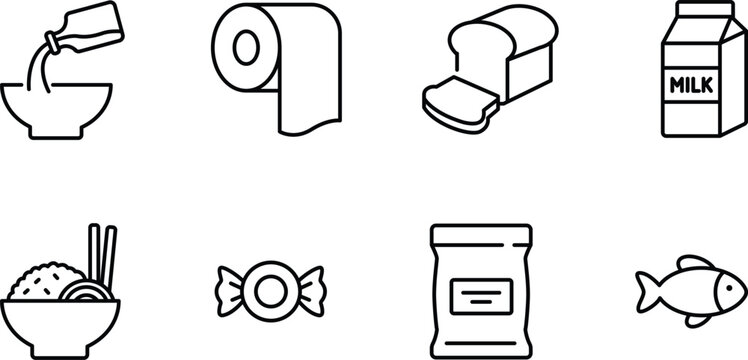 Grocery icon set representing daily essentials, supermarket food products and household supplies. Symbol of retail shopping, cooking ingredients, packaged goods and consumer staples.