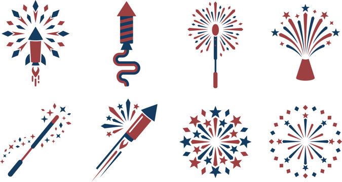 Red blue and white firework icons on white background  festive holiday symbols