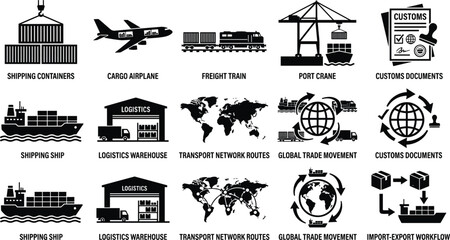 Obraz premium Global logistics icons set with text labels featuring shipping containers cargo airplane freight train port crane and warehouse vectors