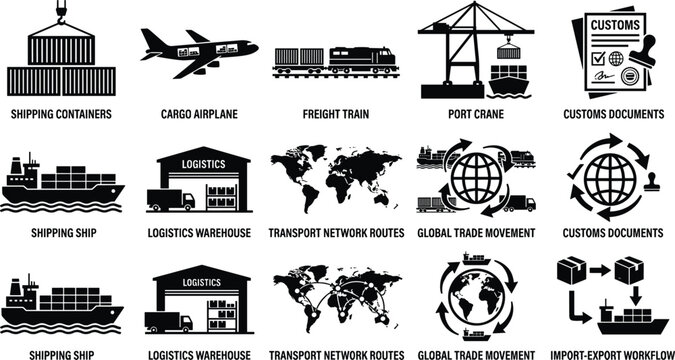 Global logistics icons set with text labels featuring shipping containers cargo airplane freight train port crane and warehouse vectors