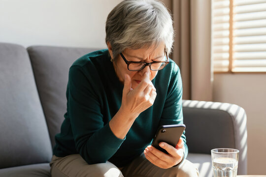 Elderly woman struggles to read smartphone text, touching nose bridge. Vision loss or eye strain causes difficulty with small screen content, needing corrective lenses.
