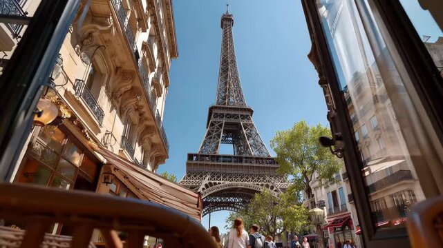 View of the Eiffel Tower from a cafe in Paris on a sunny day in springtime with people enjoying outdoor seating and bright trees