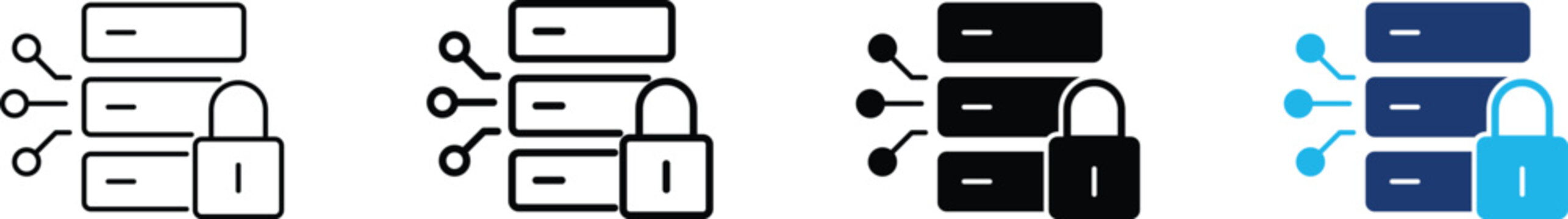 Data server security icon set representing cloud storage protection, web hosting safety and network privacy. Symbol of computer mainframe database, firewall encryption, padlock.