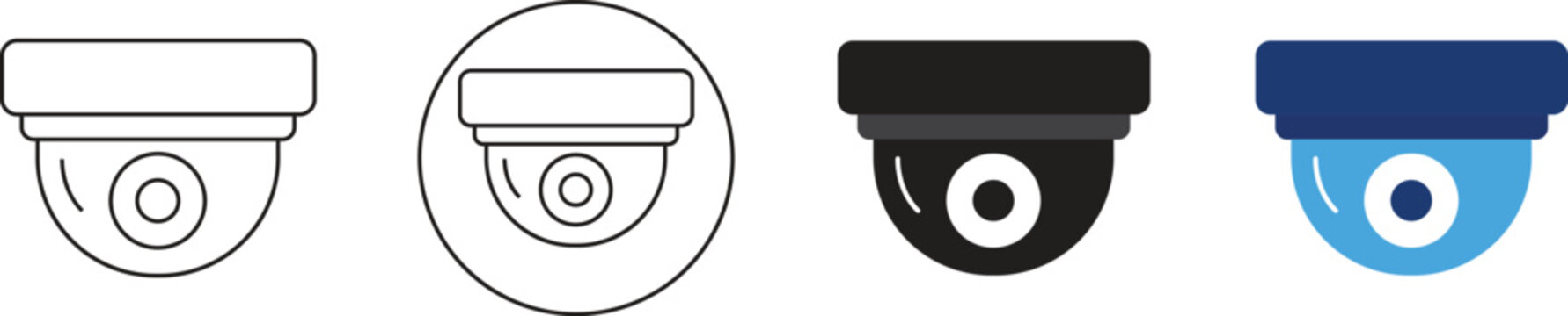 Set of surveillance security camera icons in outline solid and colorful flat vector styles for web and mobile design isolated on transparent background