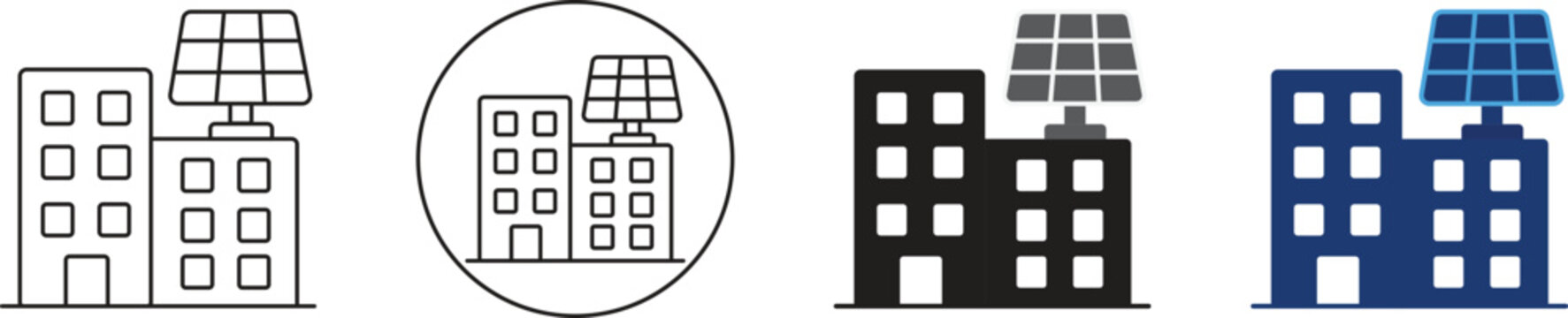 Set of four solar panel building icons showing eco friendly office architecture with renewable energy power systems isolated on transparent background