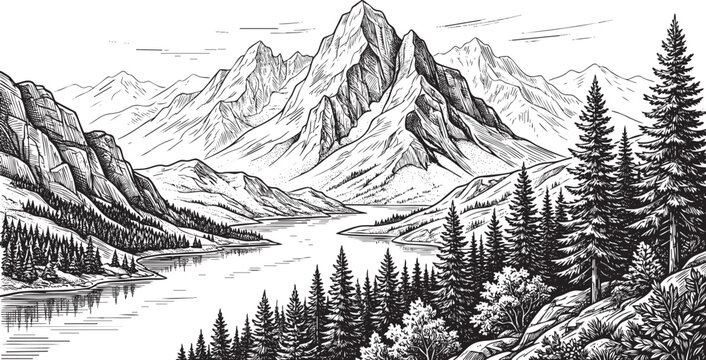 Majestic mountain peaks with pine tree forest, vintage hand-drawn vector engraving of alpine wilderness landscape, and hiking scenery.
