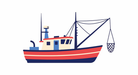 Fototapeta premium Red and blue fishing boat with net on white background