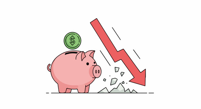 Pink piggy bank with a dollar coin and a falling red arrow