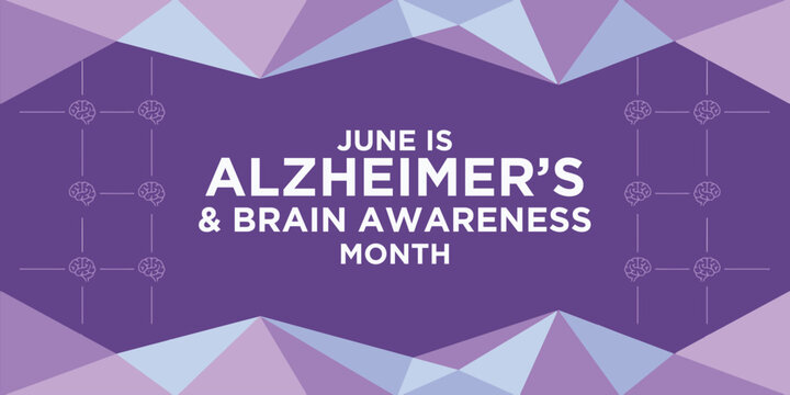 Alzheimer awareness month banner design featuring brain icons and geometric patterns for medical campaigns and social health education projects during the month of June annually