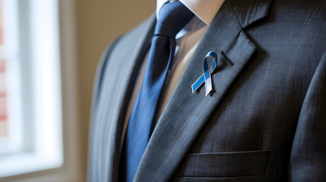 Man wearing dark suit and blue tie with awareness ribbon pin for charity support awareness.