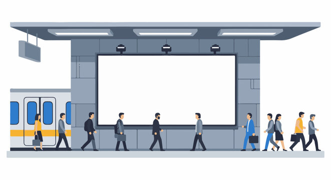Pixel art scene of a subway station platform with a train and commuters
