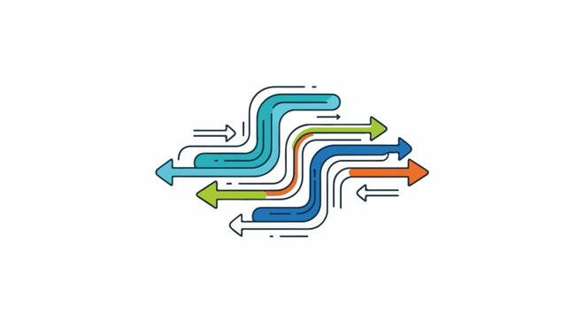 Multiple curved and straight arrows in various colors merge and diverge