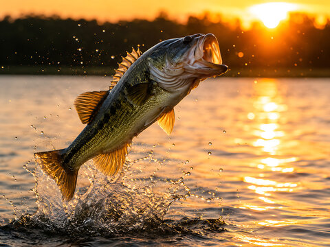 Large mouth bass leaping out of water during golden hour sunset with wildlife outdoors activity freshwater predator recreation movement creature vertebrate silhouette