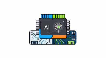 Fototapeta premium Stylized AI chip and circuitry with brain icon