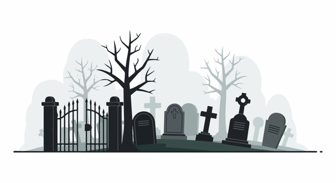 Silhouetted cemetery scene with bare trees and ornate gate