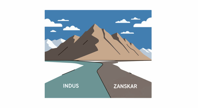 Stylized depiction of a mountain range with a river splitting into two, labeled Indus and Zanskar