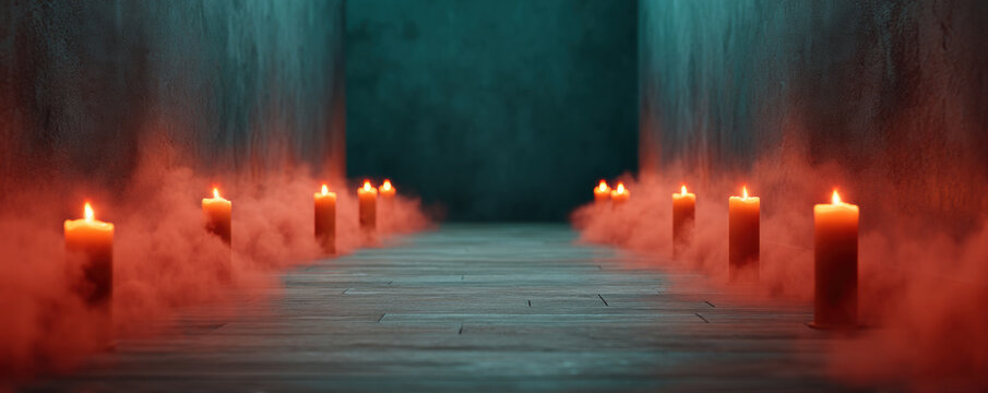 Haunted hallway flickering candle fog eerie corridor candlelight dark interior Spooky mansion passageway with glowing candlelight and rolling fog