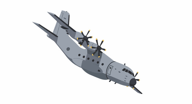 Pixelated grey cargo plane with four propellers in flight, isolated on white
