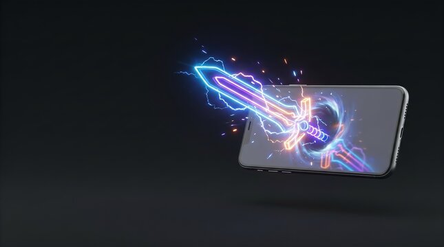 3D Generic Smartphone with Neon Sword Dark Charcoal Copy Space