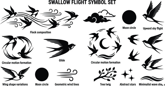 Swallow Flight Vector Symbol Set with Birds and Wind