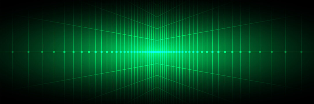 Glowing neon wireframe background. Green shining checkered grid planes in perspective. Bright retro futuristic horizon wallpaper. Arcade game sci fi matrix surface