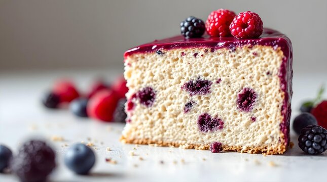 Horizontal macro shot of a fluffy berry sponge cake slice with purple glaze and fresh berries topping, commercial food banner