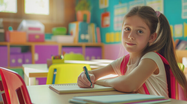 A young girl with pigtails writing in a notebook at a school desk, looking towards the camera with a smile
