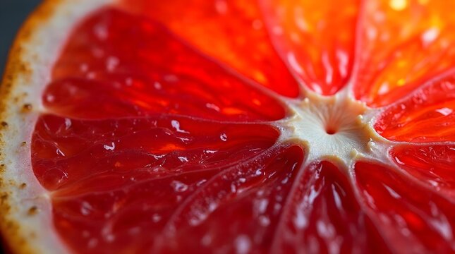 Horizontal macro shot of a blood orange slice center with vibrant red and orange pulp texture