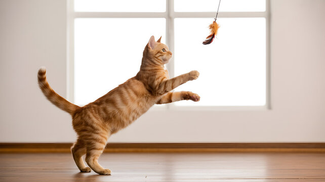 Ginger tabby cat jumping to catch feather toy in bright living room showing playful hunting instinct domestic pet activity focus.