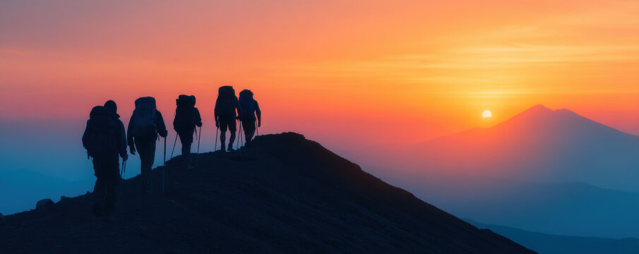 Group hiker mountain summit sunrise silhouette outdoor adventure team reaching peak ridge dawn, hiking trail scene with backpacks, trekking pole