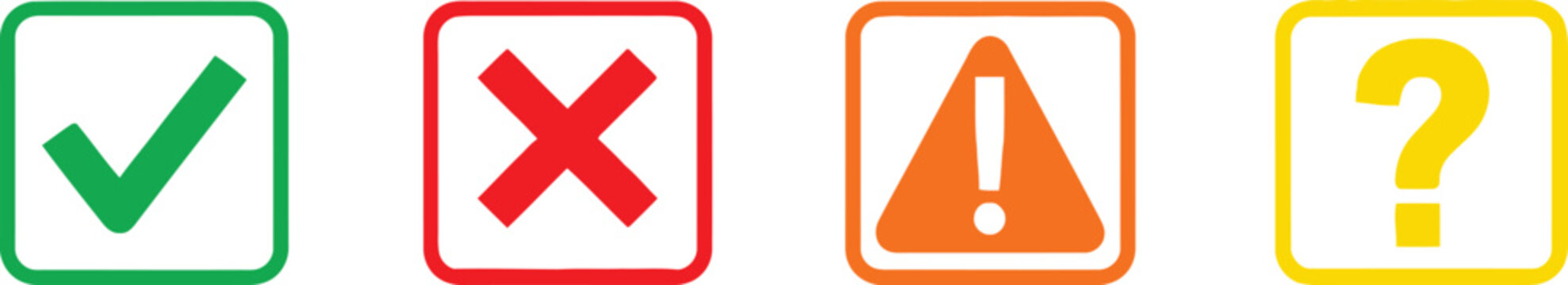 Set of check mark cross x exclamation point and question mark icons in colorful rounded squares Vector