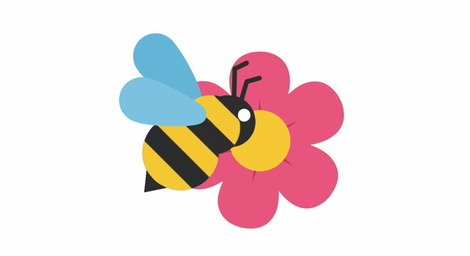 Stylized bee with blue wings collecting nectar from a pink and yellow flower