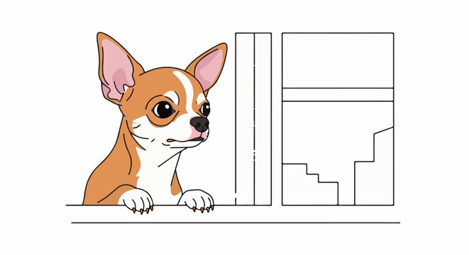 Small dog peeking over a ledge near abstract building outlines