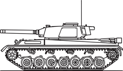 A detailed line drawing illustrates the side profile of a military tank, showcasing its tracks, turret, and cannon with precision and clarity. © DesignINKZ