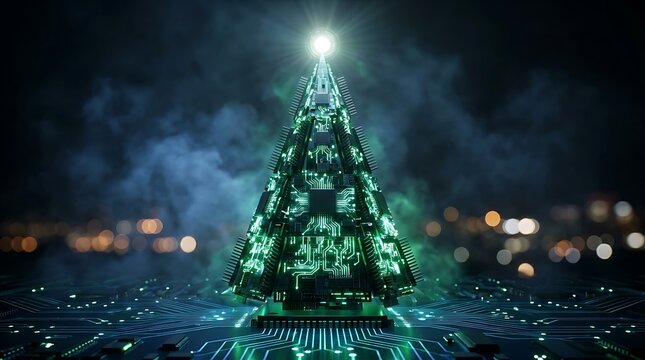 Pohon Natal Futuristik dari Komponen Elektronik dan Sirkuit Digital yang Bersinar di Malam Hari