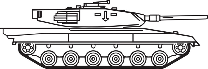 A line art illustration depicts a powerful military tank, showcasing its tracks, turret, and cannon with clean, sharp detail. © DesignINKZ