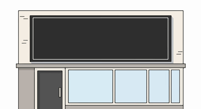 Simple cartoon illustration of a storefront with a large dark sign and windows