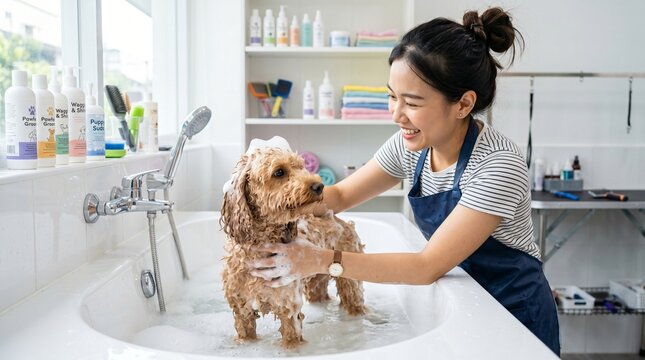 Smiling Asian Female Pet Groomer Washing a Cute White Dog in a Bathtub at Grooming Salon