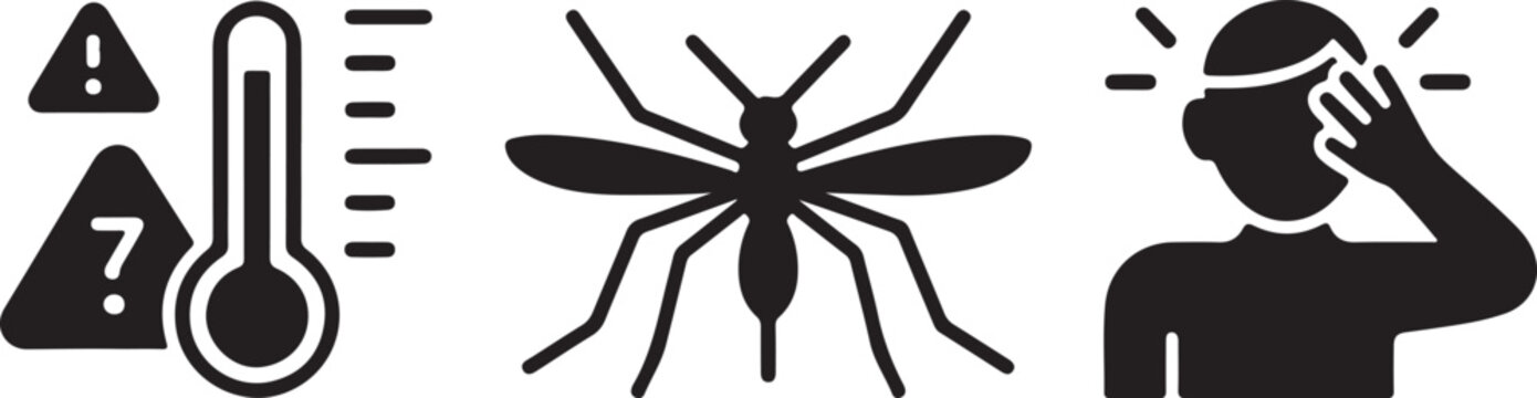 Medical mosquito prevention vector icon set, healthcare malaria protection symbols, black and white vaccine syringe and caduceus cross illustration