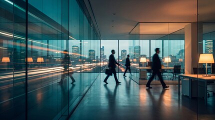 Fototapeta premium Cinematic long-exposure captures professionals navigating a modern office overlooking a dynamic city skyline at twilight